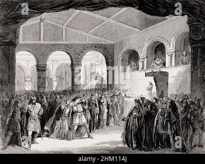 Giuseppe Verdis Macbeth, Akt 1, Szene 2, die französische Version von 1865 première ,Theatre Imperial Lyrique, Paris, Frankreich Stockfoto