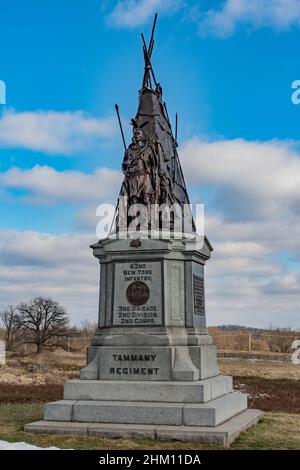 Denkmal für das Tammany Regiment im Winter, Gettysburg National Military Park, Pennsylvania, USA Stockfoto