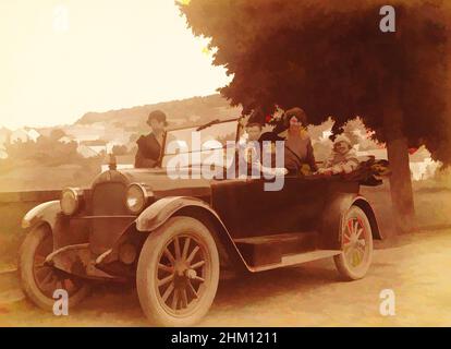 Kunst inspiriert von Unbekannter Firma in einem Auto, c. 1910 - c. 1920, fotografischer Träger, Silbergelatine-Druck, Höhe 77 mm × Breite 106 mm, Classic Works modernisiert von Artotop mit einem Schuss Modernität. Formen, Farbe und Wert, auffällige visuelle Wirkung auf Kunst. Emotionen durch Freiheit von Kunstwerken auf zeitgemäße Weise. Eine zeitlose Botschaft, die eine wild kreative neue Richtung verfolgt. Künstler, die sich dem digitalen Medium zuwenden und die Artotop NFT erschaffen Stockfoto