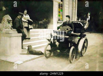 Kunst inspiriert von einer Frau in einem Auto vor (vermutlich) einem Hotel, Frau in einem Georges-Richard-Auto vor einer Treppe eines Gebäudes, Breda, vor 1906, fotografische Unterstützung, Silbergelatine-Druck, Höhe 76 mm × Breite 108 mm, Classic Works modernisiert von Artotop mit einem Schuss Modernität. Formen, Farbe und Wert, auffällige visuelle Wirkung auf Kunst. Emotionen durch Freiheit von Kunstwerken auf zeitgemäße Weise. Eine zeitlose Botschaft, die eine wild kreative neue Richtung verfolgt. Künstler, die sich dem digitalen Medium zuwenden und die Artotop NFT erschaffen Stockfoto