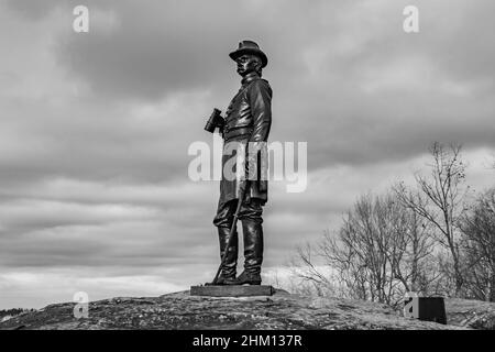 Denkmal für Brigadier General Gouverneur Kemble Warren, Little Round Top Stockfoto