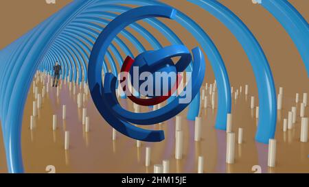 3D Illustration - abstrakte Kugel mit Ringen um sie. Abstrakter komplexer Mechanismus in fremder Landschaft Stockfoto