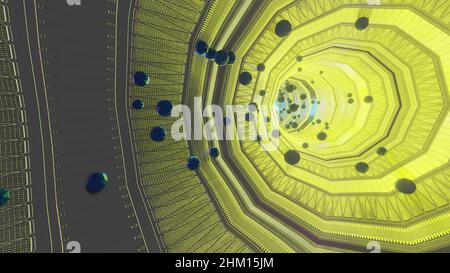 3D Illustration - Fliegende Kugeln durch futuristischen Science-Fiction-Tunnel. Stockfoto