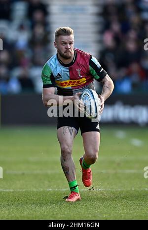 Twickenham, Großbritannien. 06th. Februar 2022. Premiership Rugby. Harlekine V Sale Sharks. Der Stoop. Twickenham. Tyrone Green (Harlekine) während des Harlekins V Sale Sharks Gallagher Premiership Rugby-Spiels. Kredit: Sport In Bildern/Alamy Live Nachrichten Stockfoto