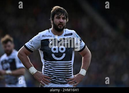 Twickenham, Großbritannien. 06th. Februar 2022. Premiership Rugby. Harlekine V Sale Sharks. Der Stoop. Twickenham. Blood de Jager (Sale Sharks) während des Rugby-Spiels Harlekins V Sale Sharks Gallagher Premiership. Kredit: Sport In Bildern/Alamy Live Nachrichten Stockfoto