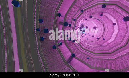 3D Illustration - Fliegende Kugeln durch futuristischen Science-Fiction-Tunnel. Stockfoto