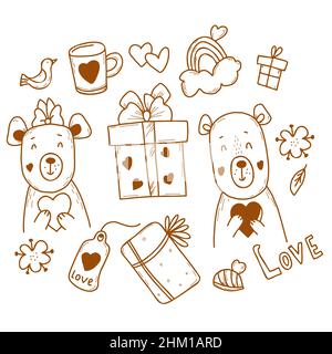 Set von niedlichen Bären und Liebe. Mädchen und Jungen Bär mit Herz in Pfoten, Geschenke und Regenbogen, Blumen und Vogel. Vektorgrafik. Isoliert, handgezeichnet, linear Stock Vektor