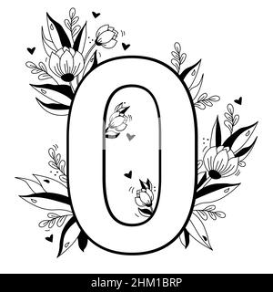 Blumennummer. Dekoratives Blumenmuster Ziffer Null. Big 0 mit Blumen, Knospen, Ästen, Blättern und Herzen. Vektorgrafik auf weißem Hintergrund. L Stock Vektor