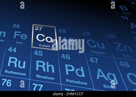 Element Kobalt auf dem Periodensystem der Elemente. Ferromagnetisches Übergangsmetall, mit Elementsymbol Co und Ordnungszahl 27. Stockfoto