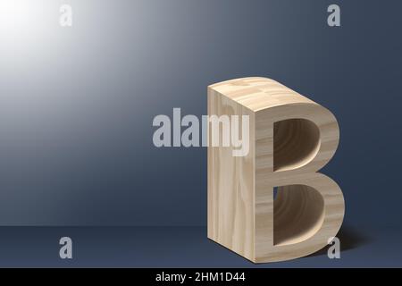 3D Buchstabe B Abbildung in Natursperrholz auf hellgrauem Hintergrund Stockfoto