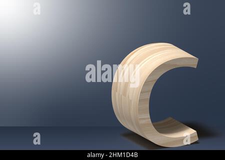 3D Buchstabe C Abbildung in Natursperrholz auf leuchtender grauer Hintergrund Stockfoto