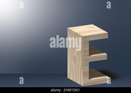 3D Buchstabe E Illustration in Natursperrholz auf hellgrauem Hintergrund Stockfoto