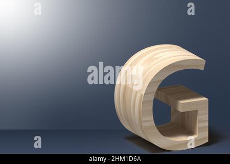3D Buchstabe G Abbildung in Natursperrholz auf hellgrauem Hintergrund Stockfoto