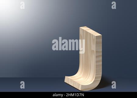 3D Buchstabe J Illustration in Natursperrholz auf hellgrauem Hintergrund Stockfoto