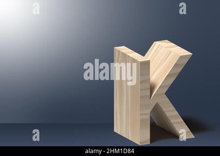 3D Buchstabe K Illustration in Natursperrholz auf hellgrauem Hintergrund Stockfoto