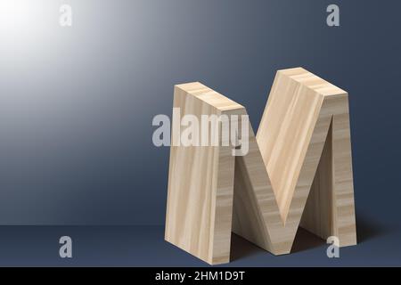 3D Buchstabe M Abbildung in natürlichem Sperrholz auf leuchtender grauer Hintergrund Stockfoto