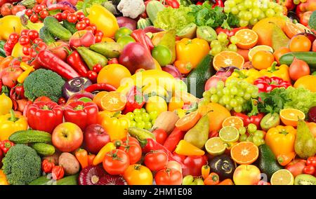 Hintergrund von frischem und gesundem Obst und Gemüse. Stockfoto