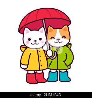 Nette Cartoon Katze paar Zeichnung mit Regenschirm. Zwei Kawaii-Katzen in Regenmänteln und Regenstiefeln. Isolierte Vektor-Clip-Art-Illustration. Stock Vektor