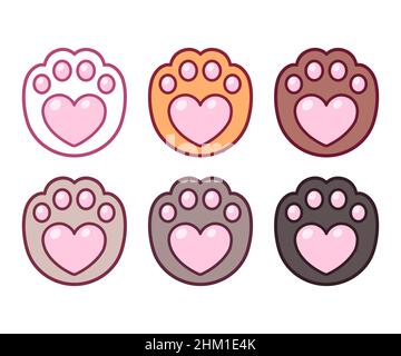 Cartoon Herz geformt Katze Pfote Prints Icon-Set, verschiedene Farben. Niedliche und einfache Haustier Liebe Aufkleber, Vektor Clip Art Illustration. Stock Vektor