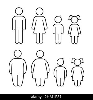 Gesundes Gewicht und Fett Menschen stellen sich. Mann, Frau und Kinder, Adipositas Familie Problem. Symbole für einfache Vektorlinien. Stock Vektor
