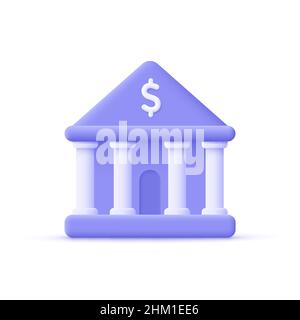 Bankgebäude. Online-Banking, Finanzen, Bankgeschäfte, Bankservice. 3D Vektorsymbol. Minimalistischer Cartoon-Stil. Stock Vektor