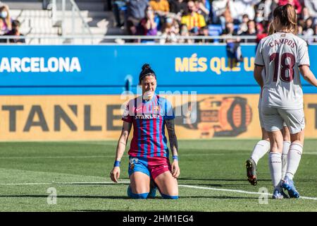 Barcelona, Spanien. 06th. Februar 2022. Jenni Hermoso vom FC Barcelona reagiert während des Primera Iberdrola-Spiels zwischen dem FC Barcelona Femeni und SD Eibar Femenino im Estadi Johan Cruyff. Endergebnis: FC Barcelona Femeni 7:0 SD Eibar Femenino. Kredit: SOPA Images Limited/Alamy Live Nachrichten Stockfoto