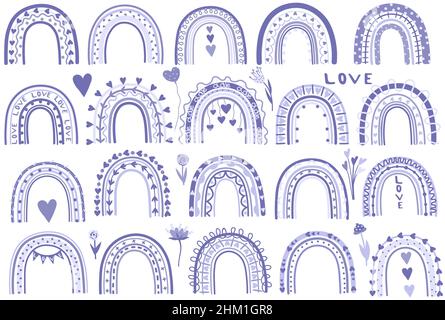 Flieder-Regenbogen im Boho-Stil. Es gibt Herzen, Blumen, Ballons. Konzept Hochzeit und Valentinstag. Regenbogen-Set für Banner, Karten, Poster. Violett, lila Trends Farben. Vektorgrafik Stock Vektor