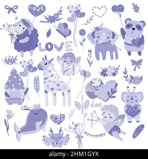 Großes Set zum Valentinstag, glückliche Tiere, Amor, Gnom, Luftballons, Blumen. Nette Illustration für Ihre Scrapbooking-Design, Banner, Karten, Poster. Violett, lila Trends Farben. Vektorgrafik. Stock Vektor