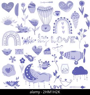 Großes Set für den Valentinstag, Blumen, Cupcake, Herzen, Blätter, Regenbogen, Heißluftballon, Liebe, Mond. Bunt nette Illustration isoliert einen weißen Hintergrund.Violett, lila Trends Farben. Vektor. Stock Vektor
