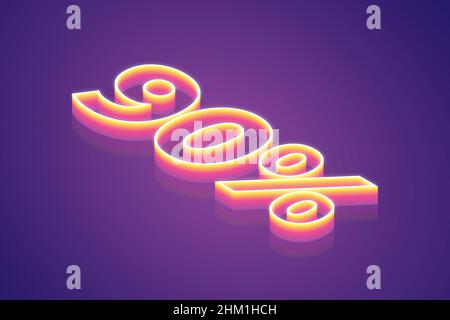 3D Render 90% Rabatt, die beste digitale Symbol Illustration für meta Tech Konzept, rosa Gradient Neon-Licht leuchtet auf lila Hintergrund Stockfoto