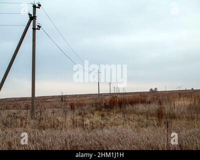 Im Herbst stehen Masten mit elektrischen Drähten auf dem Feld Stockfoto