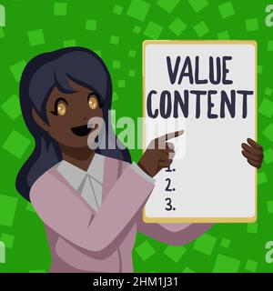 Zeichen, das den Inhalt des Werts anzeigt. Geschäftsidee Wert Inhalt Geschäftsfrau Zeichnung Holding Blank White Board präsentiert Ankündigungen Stockfoto