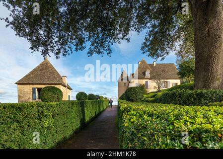 Vezac, Frankreich - 31. Oktober 2021: Nicht erkennbarer Besucher, der im Garten des Schlosses von Marqueyssac i einen mit beschnittenen Buchsbaumhecken gesäumten Weg hinaufgeht Stockfoto