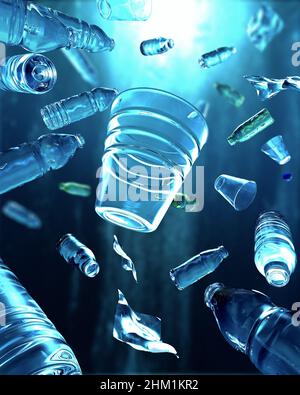 Plastikflaschen und Kunststoffteile schwimmen unter Wasser im Ozean und verschmutzen das Meer - 3D Abbildung Stockfoto
