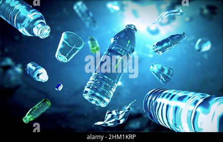 Plastikflaschen und Kunststoffteile schwimmen unter Wasser im Ozean und verschmutzen das Meer - 3D Abbildung Stockfoto