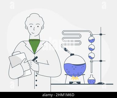 Wissenschaftler, die Experimente durchführen, umgeben von Vektorgrafik für Laborgeräte. Mann im weißen Mantel, chemische Forscher Stock Vektor