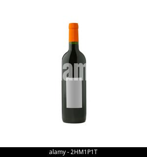 Rotwein-Flasche mit leerem Etikett isoliert auf weißem Hintergrund. Stockfoto