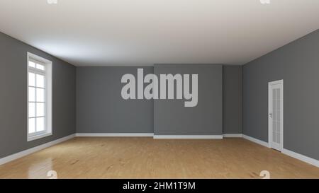 Empty Room Interior Konzept mit einem Fenster und einer weißen Tür. Helles, glänzendes Parkett, graue Wände und ein weißer Sockel. Perspektivische Ansicht. 3D Rendering Stockfoto