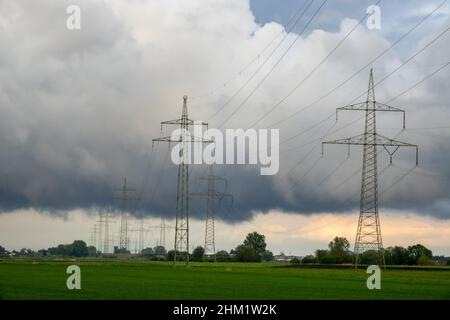 Zwei scheinbar endlose Reihen von Strommasten auf einer Wiese gegen bewölkten Himmel Stockfoto