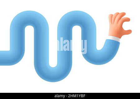 3D Render von welliger Cartoon-Hand. Elastische Hand eines Charakters mit einer Haltegeste. Realistische Vektor-Symbol-Vorlage in einem modernen Design-Stil isoliert o Stock Vektor