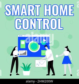 Konzeptunterschrift Smart Home Control. Geschäftskonzept bietet Besitzern Sicherheit Komfort und Energieeffizienz Mitarbeiter helfen zusammen Ideen austauschen Stockfoto
