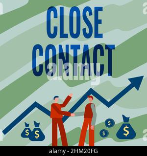 Textüberschrift mit dem Titel „enger Kontakt“. Konzeptfoto mit einer Geschichte der direkten Exposition gegenüber einem casepatienten zwei Männer stehen Händeschütteln mit Stockfoto