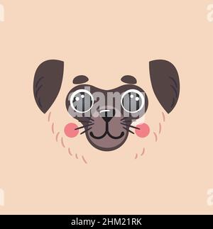 Hund Cute Mops Porträt Quadrat Lächeln Maskottchen Kopf Cartoon runde Form Tier Gesicht, isolierte Vektor-Symbol Illustration. Flaches beiges Zeichen einfaches handgezeichnetes Poster für Kinder, T-Shirts, Babykleidung Stock Vektor