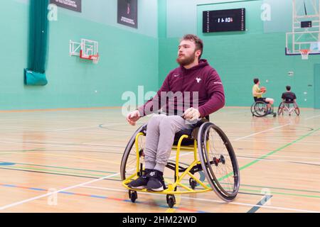 Nottingham UK 6th Feb 2022: Rollstuhlbasketballspieler der University of Nottingham haben heute vor ihrem Spiel gegen das Worcester University Wheelchair Basket Team am nächsten Wochenende eine Trainingseinheit. Quelle: Xiu Bao/Alamy Live News Stockfoto