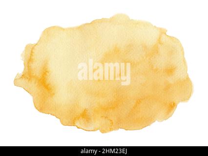 Abstrakt Gold gelb Aquarell Blob auf weißem Hintergrund. Die Farbe, die in das Papier spritzt. Handgezeichnete Illustration für Grußkarten und Banner. Stockfoto