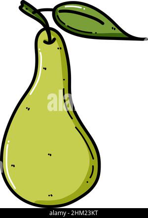 Birne-Doodle-Illustration. Süße Frucht mit einem Blatt, Naturprodukt. Flache Cartoon-Illustration. Handgezeichnete Früchte in leuchtenden Farben. Stock Vektor