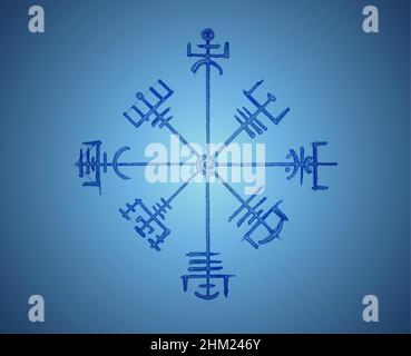 Vegvisir Runic Kompass Bleistift Zeichnung Stil, Handzeichnung von Wikingersymbolen, Heilige Norse Logo Vektor-Illustration isoliert auf blauem Hintergrund Stock Vektor