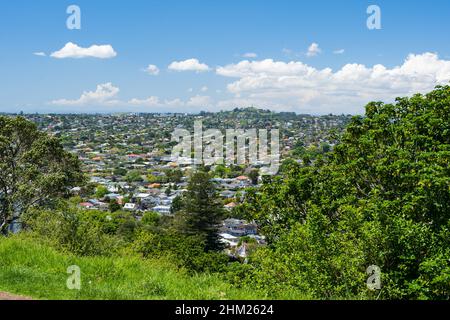 Blick auf die Häuser im Vorort Mt Eden in Auckland, von Owairaka Domain aus gesehen Stockfoto