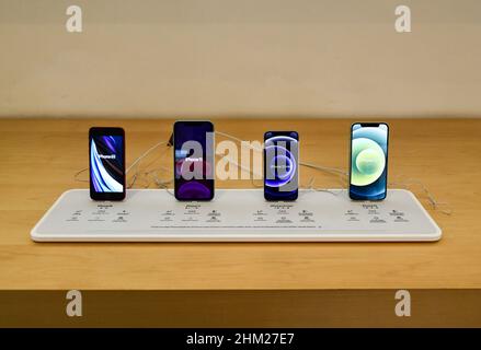 Verschiedene iPhone-Modelle im Apple Store in Via Roma, Turin, Piemont, Italien Stockfoto