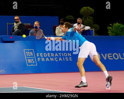 Nicolas Mahut aus Frankreich während des Doppel-Finales beim Open Sud de Fance 2022, ATP 250 Tennisturnier am 6. Februar 2022 in der Sud de France Arena in Montpellier Frankreich - Foto: Patrick Cannaux/DPPI/LiveMedia Stockfoto